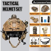 Airsoft Paintball Tactical Helmet Set PJ Type Fast Lightweight Protective Helmet with Airsoft Headset & Signal Flashlight Goggle