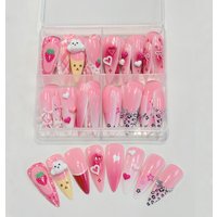 96Pcs Pink Long Stiletto Press On Nails 3D Cute Strawberry Bowknot Charms Fake Nails for Girls Y2K Style Party Daily Manicure TD