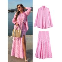 HH Woman Elegant stripes Pink Lapel Single Breasted Long Sleeves Casual Loose Shirt+Side Zipper Splicing Pleated Long Skirt Suit