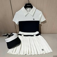 PL Golf Women Summer Short Sleeve Patchwork T-Shirt Sports Casual Top Polo Shirts for Ladies High Waist Pleated Skirt Set