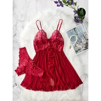 Women Nightdress Sexy Lace Chemise Bow Nightgown Sleepwear Solid Slim Soft Dresses V Neck Full Slip Sleepwear & Dresses