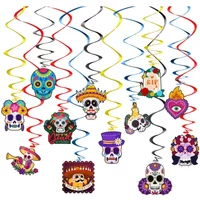 12Pcs/Bag Mexican Day of The Dead Theme Spiral Banner Skull Swirl Hanging Garland Background for Halloween Party Decoration