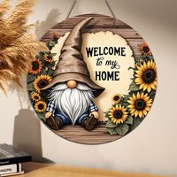 1 Vintage Wooden Disc Gnome Sunflower Elegant Art Wall Decor Bar Cafe Beach House and Backyard 8 inch
