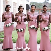 Pink Satin Bridesmaid Dresses Appliques Mermaid Cap Sleeves Women O-Neck Floor Length Dress Sexy Wedding Guest Dress Customized