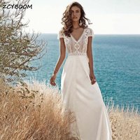 Customized V-neck Backless Chiffon Lace Empire A-line 2025 Evening Dresses for Women Sweep Train Party Dresses Weding Dresses
