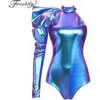 Women One Shoulder Shiny Metallic Bodysuit Long Puff Sleeve Mock Neck Asymmetrical Leotard Jumpsuit Nightclub Wear