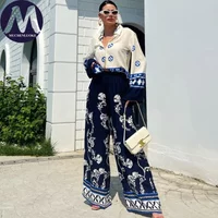 Women's Summer Fashion 2-Piece Set Long-Sleeved Printed Lapel Shirt And Loose Wide-Leg Pants Casual Outfit Top Bottoms Ensemble
