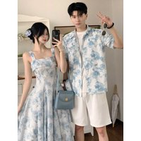 Unique Design Couple Matching Summer 2024 Short Sleeve Holiday Style Dress And Shirt One Skirt One Top Casual Breathable Poly...