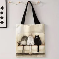Cartoon Fluffy Three Kittens Pattern Print Casual Tote Bag Single Shoulder Shopping Bag Reusable Fashion Backpack Handbag