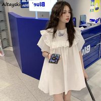 Tierred Women Dresses Loose Petal Sleeve Kawaii Korean Style Solid Elegant Vintage Trendy Soft Breathable Leisure All-match