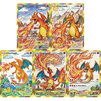 5Pcs Pokemon Cards Charizard Children Drawing Style PTCG Game Cards Rainbow Holo Rare Collectible Cards Pokemon Fans Gift