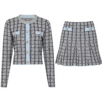 2677 High-quality Spring And Summer New Fashion Plaid Knitted Long Sleeved Top Cardigan+short Skirt Women's Two-piece Set