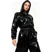 Women's Hooded Jumpsuit Sexy PU Leather Loose Rompers Solid Color PVC Shiny Wet Look Clubwear Halloween Party Costume