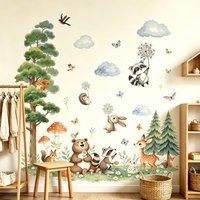 Cartoon watercolor forest/grassland/small animals self-adhesive wall decals for living rooms, bedrooms, and children’s rooms.