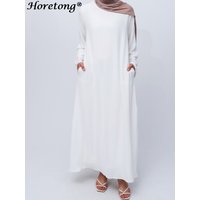 Horetong 2026 Spring Summer Muslim Abaya Women White Round Neck Long Sleeve Loose With Pockets Modest Islamic Casual Maxi Dress