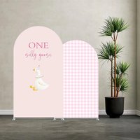 LS Custom 2-Sided One Silly Goose Pink Plaids Girls Birthday Party Baby Shower Cover Chiara Arch Background Decor Backdrop