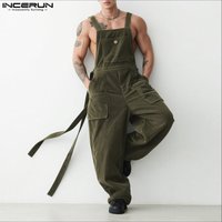INCERUN Men Jumpsuits Solid Corduroy Sleeveless Casual Straps Rompers Men Streetwear Loose Pockets 2025 Fashion Cargo Overalls