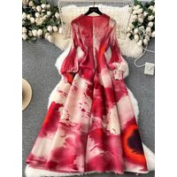 ANLAN Maxi Pleated Dress Print Color Block Full Sleeve Fold Holiday Outfits Womens 2024 New Summer Luxury Party Clothes 2A705