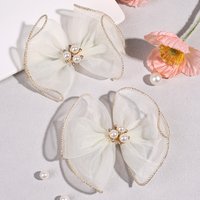 2Pcs Chiffon Bow Hair Clips Pink Rhinestone Pearls Gold Thread Fabric Hairpin For Women Girl Daily Party Accessories Headwear