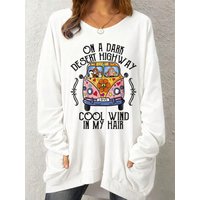 2026 women's new letter car animal print plus size casual long sleeved round neck slightly elastic pullover T-shirt