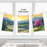 2D Flat, 3pcs Frameless Canvas Art Prints - Serene Landscape with Mountains, Trees & Flowers, Ideal for Home Office, Living Room