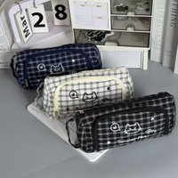 Kawaii Cute Cat Plaid Pencil Case Zipper Pen Pouch Aesthetic Stationery Bag for School Office Student Back to School