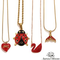 Aurora Bloom Cute Red Enamel Pendant Necklaces 18K Gold Stainless Steel Ladybug Swan Mermaid Tail Love Heart Charm Women Jewelry