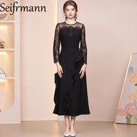 Seifrmann 2026 Summer Women's New Fashionable Round Neck Long Sleeve Lace Waist cinching Long Dress