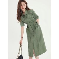 Women's Cargo Shirt Dress Short Sleeve Waistband Button Down Casual Summer Midi Dress