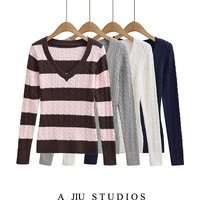 American Retro V-Neck Color Block Stripe Knitted Sweater Women's Spring Waist Cinched Slimming Versatile Overhead Sweater