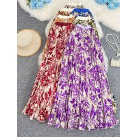2026 Summer Bohemian Floral Casual Pleated Skirt Women High Waist A-line Elegant Versatile Beach Party Long Skirt