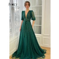 Avery personnalisé une ligne vert strass col en V robe de Gala robe de soirée luxueuse robes de soirée de luxe pour femmes pour événements élégant