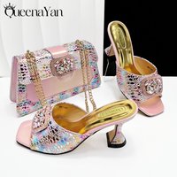 Queena Yan Italian Latest Styles Women Shoes and Bag Set Pink Color Comfortable Elegant High Heels With Rhinestone Decorate
