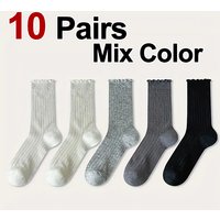 5-10 Pairs Women's Solid Color Mesh Mid Tube Socks Summer Lightweight Breathable Chic Wavy Edge Elegant Comfortable Cute Socks
