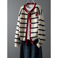 Women's Striped Button Front Cardigan, Cute Heart Pattern Knit Coat, Casual Fashion Outwear