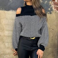 Fashion Splicing Knitted Ladies Half High Collar Off Shoulder Long Hoodie Striped Lantern Sleeve Sweater