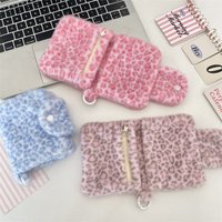 Pink Leopard Print Coin and Miscellaneous Items Storage Bag, Cute and Sweet Blue Plush Large-Capacity Portable Card Holder