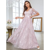 Mgiacy V-neck Romantic embroidered lace flared sleeves full skirt Evening gown Ball dress Party dress Bridesmaid dress