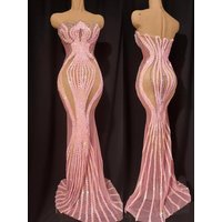 Luxury pink Sparkly squined Mermaid Dress strapless mesh see Transparent Birthday party outfit Celebrate show Designer Vestidos