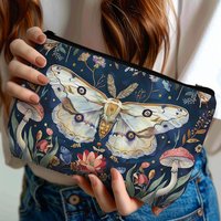 Chic Moths & Mushrooms Print Cosmetic Bag - Lightweight, Foldable Polyester Makeup Pouch with Zipper Closure