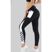 Contrast Geometric Print Pocket Yoga Leggings for Women, High Waist Compression Workout Gym Fitness Trousers
