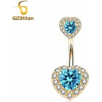 14G 6-16mm Titanium Curved Barbell Anti Allergic Belly Button Ring Lake Blue Zircon Heart Golden Navel Piercing Body Jewelry