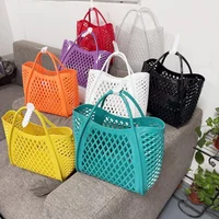 PVC Jelly Bag Solid Color Fashion Shopping Basket Hollow Beach Bag Bath Toiletry Basket Large-capacity Handheld Vegetable Basket