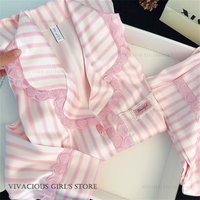 Sweet Pink Stripe 2PCS Pajamas Set Womens Long Sleeve Trouser Pijamas Suit Spring Autumn New Sleepwear Homewear Loose Loungewear