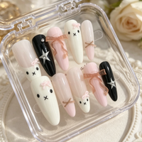 10 Pieces of Hand Pressed Almond Shaped Nails, Beautiful Fake Nails, Cute and Adorable Bunnies, Suitable for Women to Use