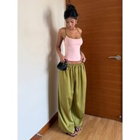 Kliou Casual Fashion 2 Piece Set Woman Color Blocking Low-Neck Backless Navel Exposed Camisole+Straight Pants Y2K Style Suit