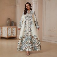 Turkish Middle Eastern Muslim Women's Printed V Neck Rhinestone Dress Luxurious Elegant Evening Party Gown