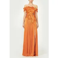 Orange Evening Dress Off The Shoulder Pleat A Line Sexy Prom Formal Party Dress Thigh Slit Floor Length Evening Gown Customized