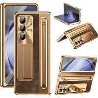 With Stylus Pen for Samsung Galaxy Z Fold 8 Ultra 7 6 5 4 Leather Plating Hinge Armor Case TriFold Holder Full Screen Glass Film