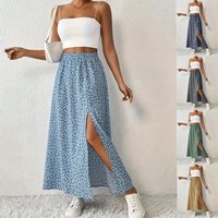 Summer Clothes Women Long Skirt Floral Print Slit Skirts Women's High Waist Light Blue Maxi Skirt Navy Floral A Line Skirt